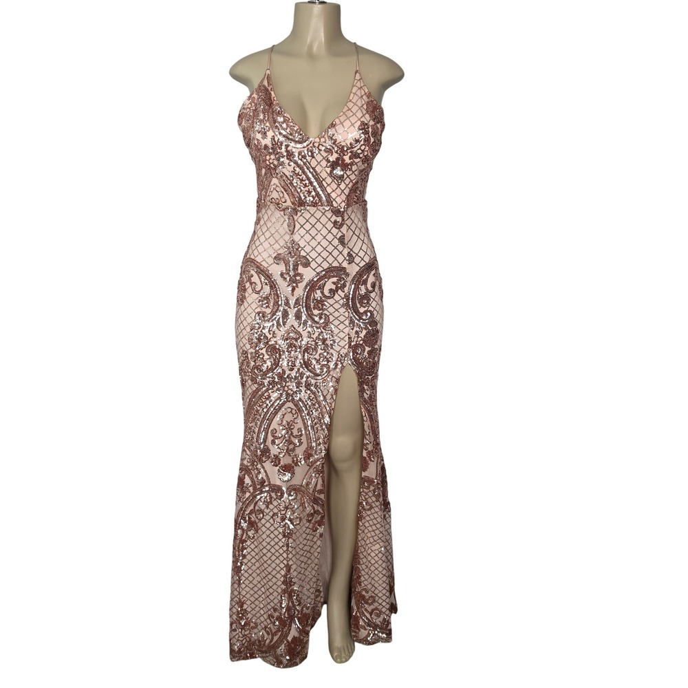 Unbranded Sequin Gown Women S Rose Gold Formal Maxi Dress High Slit Open Back